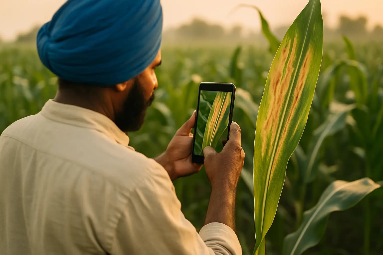 ਨੀਲੀ ਪੱਗ ਵਾਲਾ ਕਿਸਾਨ ਆਪਣੇ ਫ਼ੋਨ ਨਾਲ ਮੱਕੀ ਦੇ ਪੱਤੇ ਦੀ ਫੋਟੋ ਖਿੱਚ ਰਿਹਾ ਹੈ, ਜਿਸ ਉੱਤੇ ਪੀਲੇ ਅਤੇ ਭੂਰੇ ਝੁਲਸ ਦੇ ਦਾਗ਼ ਹਨ